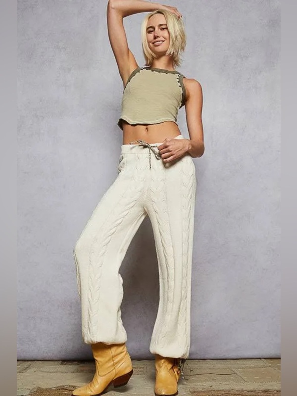 POL Cable-Knit Drawstring Pants in Cream